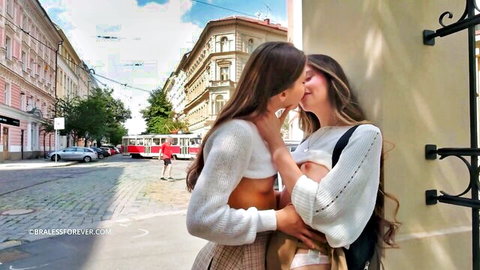 Alissa Foxy and Ellie Luna passionate lesbian kiss outdoors