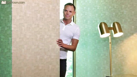 Handsome white stepdad peeking from door in white shirt, teasing big dick VR trans sex