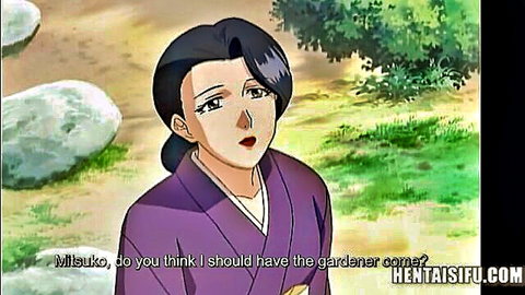 Anime busty Japanese wife Misuzu in purple kimono in garden JAV scene