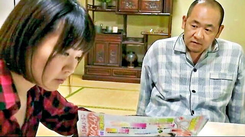 Japanese stepdaughter and stepfather sharing newspaper in intimate JAV scene