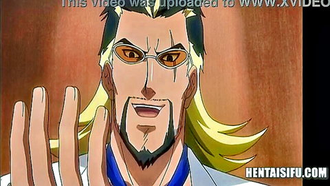 Blonde anime researcher smirking in lab coat for stadium pervs watching live porn