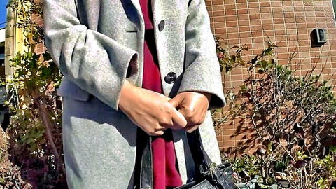 Asian amateur woman in gray coat on street for erotic challenge