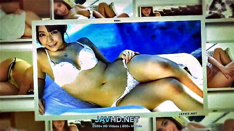 Japanese woman in white bikini lounging by pool, teasing pose, Jav HD