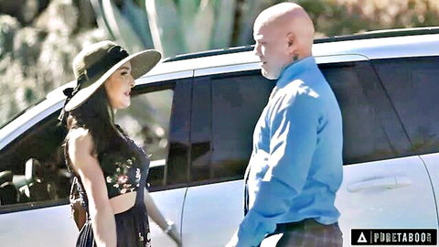 Charly Summer in floral dress and hat talks to Derrick Pierce by SUV in Pure Taboo scene