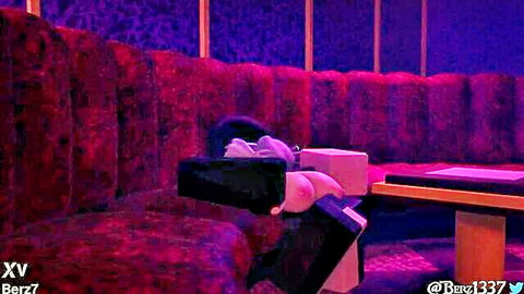 Woman in black outfit deepthroating on dummy in purple-lit lounge