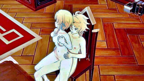 Aether embraces nude Lumine from behind in Genshin Impact hentai