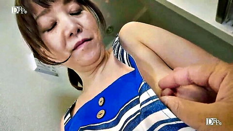 Yukie Miyamae in striped dress as housekeeper, sleepy seductive close-up