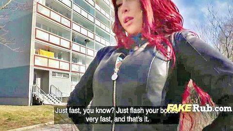 Redhead Brit babe in leather jacket flashing outdoors POV tease