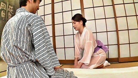 Nana Ueyama in sheer yukata kneeling seductively for man in JAV scene