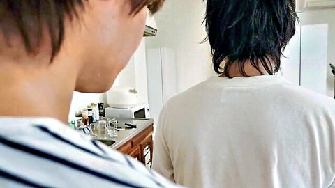 Natsumi Arakaki with friend in kitchen, mature JAV back view