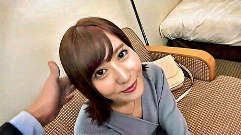 Cute Japanese college student Riho in amateur POV, smiling in light sweater
