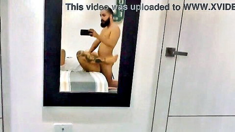 Bearded man naked mirror selfie exposing cock before period creampie with slutty wife