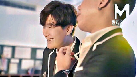 Two Asian men in school uniforms sharing an intimate kiss, intern teacher mockery scene