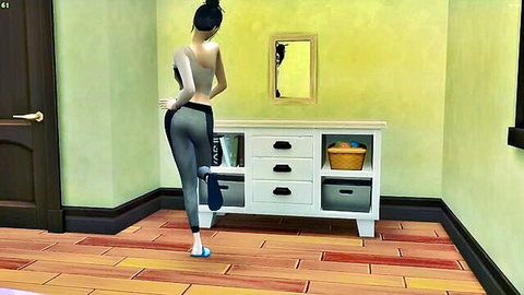 Korean beauty in tight leggings bending over, ass focus solo pose