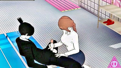 Chainsaw Man hentai: Schoolgirl handjob on suited guy, uncensored Koikatsu scene