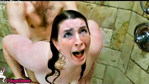 Wet brunette wife fucked hard doggy style in steamy shower