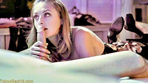 Blonde girl sucking big dick while lying in high heels