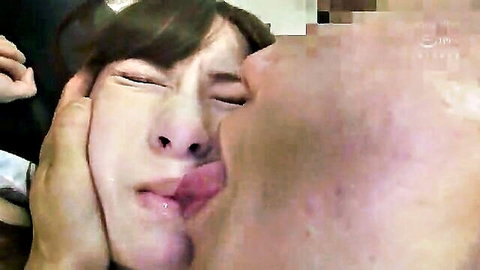 Intense close-up tongue kiss in Japanese AV scene