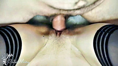 Cute Mary POV close-up big cock rubbing hairy pussy in black stockings