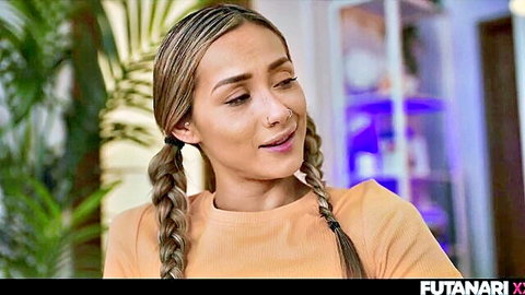 Veronica Leal as Colombian futanari in orange top and pigtails