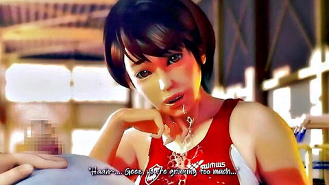 Rena Senpai 3D hentai with cum dripping from mouth in red tank top