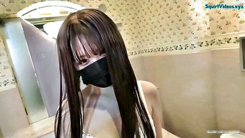 Super cute Ikao in black mask and low-cut tank top, teasing cleavage