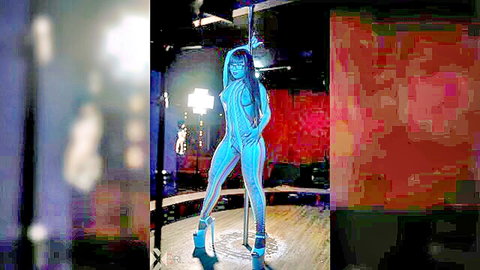 Robertita Franco sexy pole pose in blue bodysuit, high heels