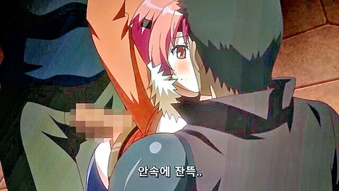 Anime hentai scene: pink-haired fox girl embracing black-haired guy in intimate creampie moment