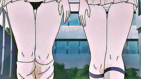 Two hentai schoolgirls bending over showing black panties upskirt from behind