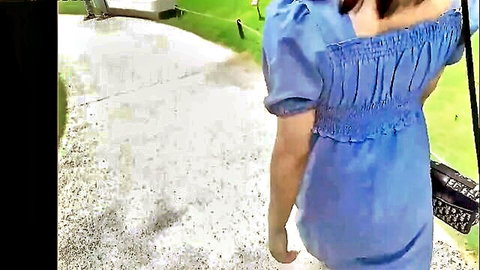H-cup Japanese college student in blue off-shoulder dress walking outdoors