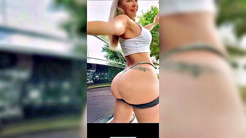 Blonde Udreamofjordann flaunts huge ass in tight shorts outdoors