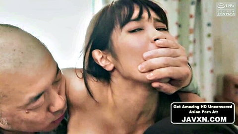 Japanese MILF gagged and kissed by bald man in hardcore JAV gangbang