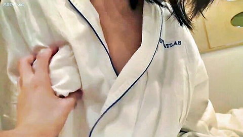 24yo Rina in open white robe teasing cleavage