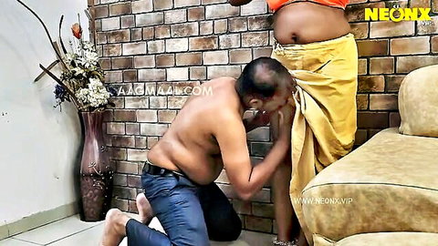 Indian wife in yellow saree teased by kneeling boss for promotion