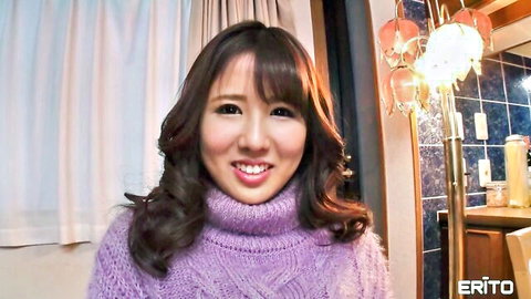 Smiling Japanese beauty in purple turtleneck sweater from Erito JAV