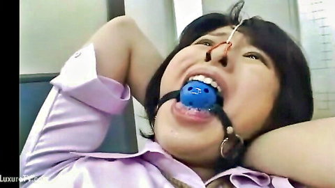 Cute Asian sub gagged with blue ball gag, submissive pose