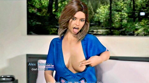 Alex King brunette flashing big tits in open blue robe
