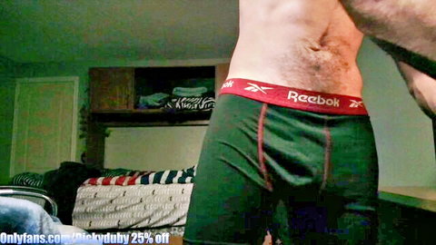 Bigdickyduby shirtless in green Reebok underwear, muscular hairy body with big bulge