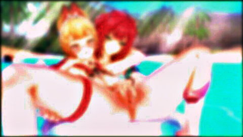 Yuzuha and Alice in revealing bikinis embracing by pool