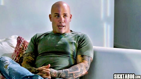 Tattooed bald stepdad in green shirt, teasing taboo fun with Haley Spades