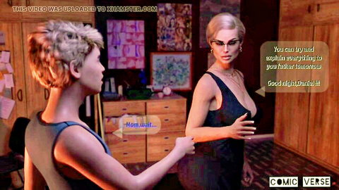 Blonde MILF in low-cut black dress bids goodnight to short-haired daughter in adult scene