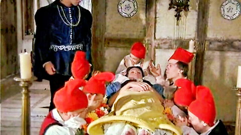 Vintage Snow White parody with dwarfs groping brunette's exposed pussy and tits