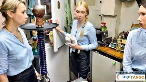 Three sexy blondes in office attire tease around hookah in kitchen