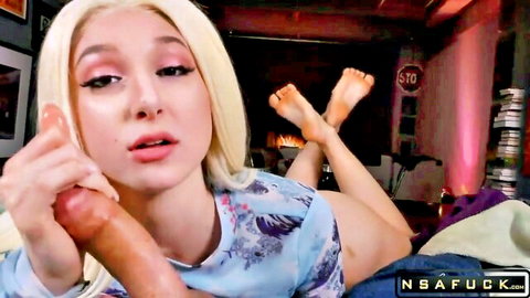 Skylar Vox holding massive black dildo near mouth, blonde beauty in blue dress