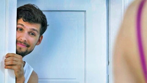 Christina Shine in teasing threesome peek from door voyeur view