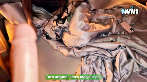 Brunette babe with dildo teases ass in passionate bedroom scene