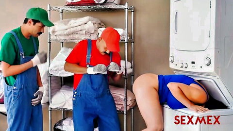 Kari Cachonda MILF bent over in blue outfit for Mario Bros cosplay threesome
