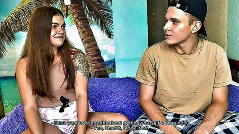 Young topless stepsister in panties with stepbrother on couch during truth or dare game