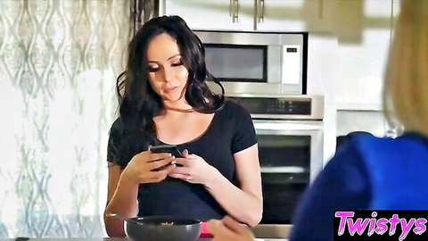 Nicolette Shea blonde MILF with brunette in casual kitchen chat