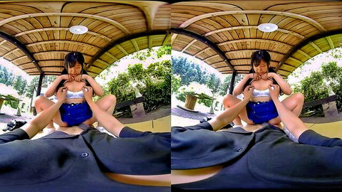 Petite Japanese woman in blue bikini straddles suited man in VR POV